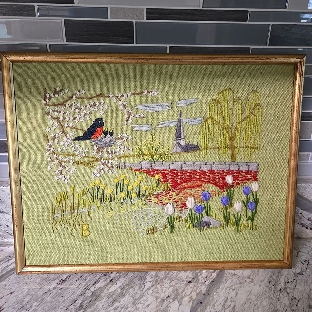Vintage Completed 17 inch x 13.5 inch Country Scene Cross‎ Stitch W Church